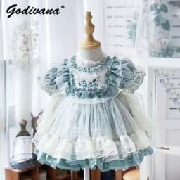 Baby Girls Lolita Princess Dress Kids 2026 Summer New Short Puff Sleeve Chic Embroidery Lace Collar Ruffle Trim Tulle Tutu Gown
