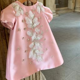 Exquisite Beaded 3D Flower Satin Princess Gown For Kids Birthday Party Cute Elegant Oneck Puff Sleeve Girls Dresses 80-160cm
