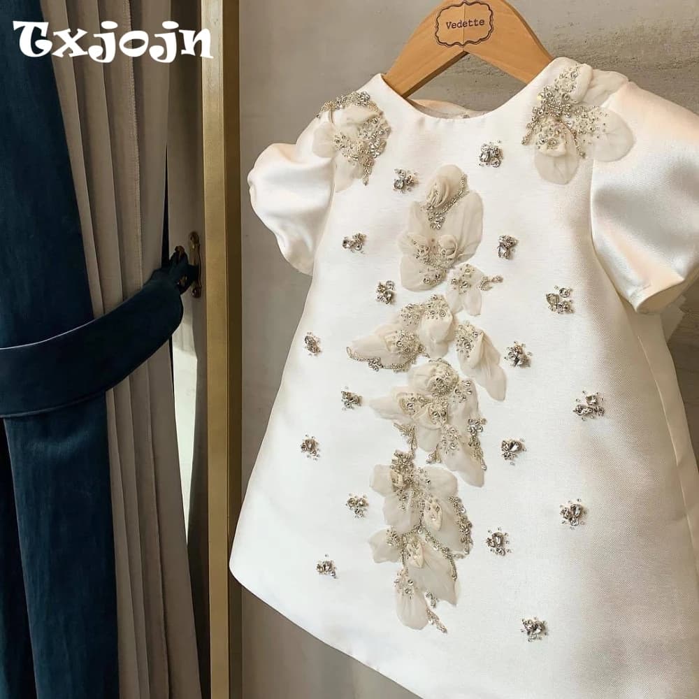 Exquisite Beaded 3D Flower Satin Princess Gown For Kids Birthday Party Cute Elegant Oneck Puff Sleeve Girls Dresses 80-160cm