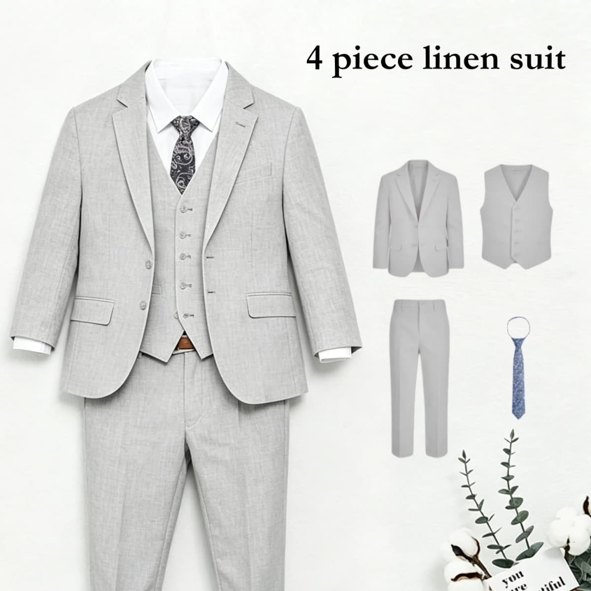 Summer Beach Wedding Suit for Ring Bearer, Boy's Formal Suit Set 4 Pieces (Jacket Vest Pants Tie) Birthday Communion Prom Suits
