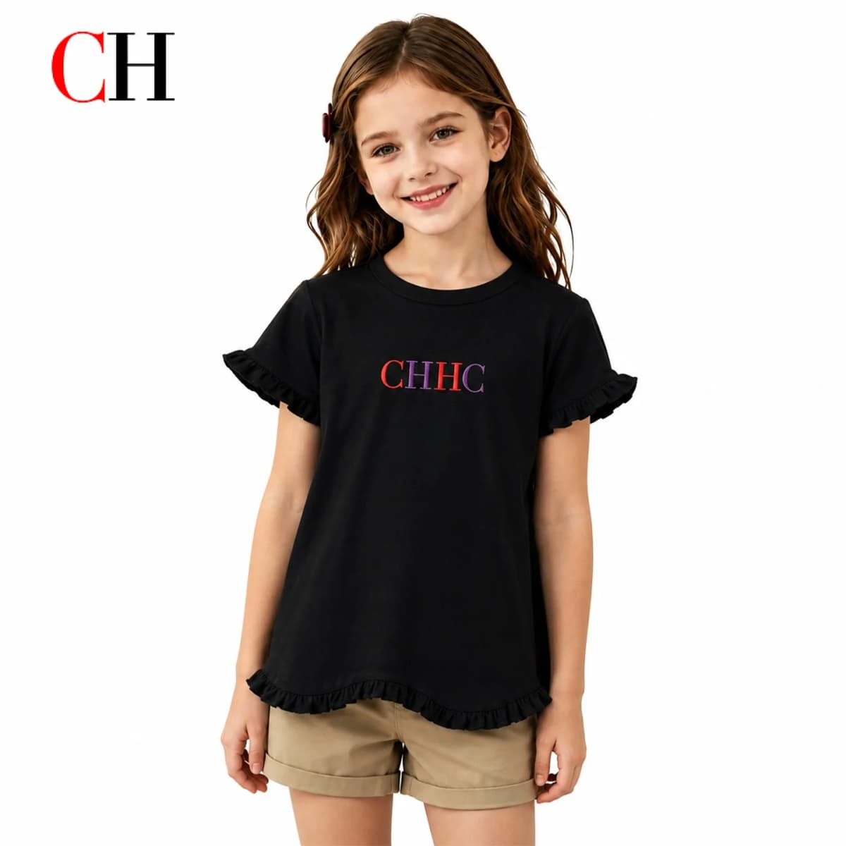 CH Girls Round Neck Frill Short Sleeve Front Multicolor Monogram Stitch Embroidery Swing Hem Kids Summer Play Top
