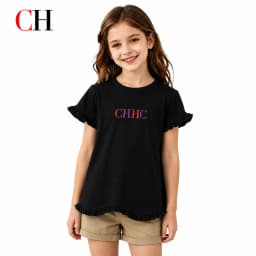 CH Girls Round Neck Frill Short Sleeve Front Multicolor Monogram Stitch Embroidery Swing Hem Kids Summer Play Top