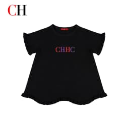 CH Girls Round Neck Frill Short Sleeve Front Multicolor Monogram Stitch Embroidery Swing Hem Kids Summer Play Top