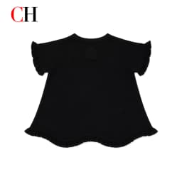 CH Girls Round Neck Frill Short Sleeve Front Multicolor Monogram Stitch Embroidery Swing Hem Kids Summer Play Top