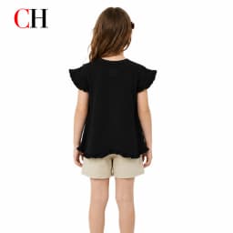 CH Girls Round Neck Frill Short Sleeve Front Multicolor Monogram Stitch Embroidery Swing Hem Kids Summer Play Top