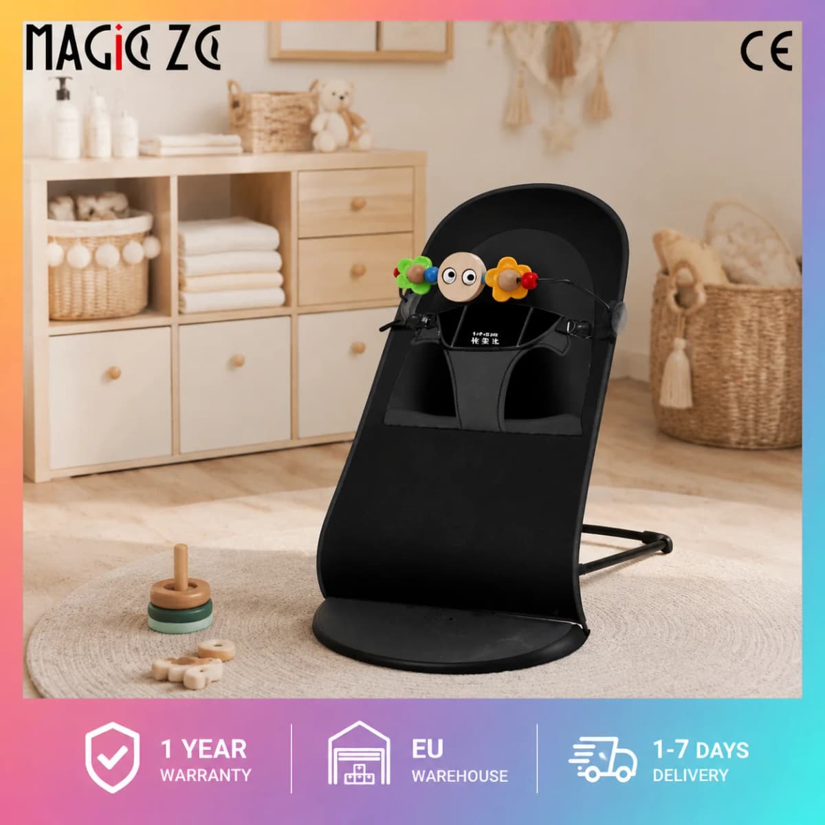Baby Bouncer Rocking Chair Adjustable Infant Swing Chair Portable Newborn Comfort Seat Ergonomic Foldable Baby Rocker 4 Gear Adjustment 100% Cotton Fabric Soft Cushion Safety Belt for 0-36 Months Toddlers with Toy Bar Travel Friendly