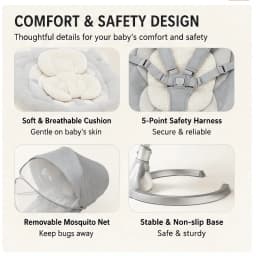 Baby Swing Chair Infant Rocking Seat with 5 Motion Levels 3 Position Adjustable Backrest Sitting Reclining Lie Flat Newborn Soothing Rocker with Canopy Mosquito Net 5 Point Safety Harness Comfortable Baby Bouncer for 0-24 Months