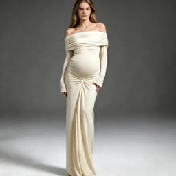 Off Shoulder Maternity Gown Long Sleeve Ruched Belly Maxi Dress, Stretch Bodycon Mermaid Photoshoot Dress For Baby Shower Party