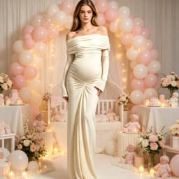 Off Shoulder Maternity Gown Long Sleeve Ruched Belly Maxi Dress, Stretch Bodycon Mermaid Photoshoot Dress For Baby Shower Party