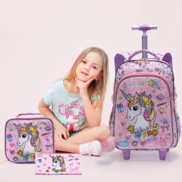 3PCS Rolling Backpack For Girls, Kids Wheeled School BookBag With Handbag And Pen Bag, Pink Unicorn Pattern Cute Sequin Material, Nighttime Reflective