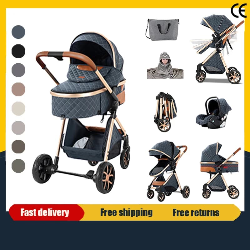 Luxury 3 in 1 Baby Stroller with Car Seat and Sleeping Basket Lightweight Baby Pram High Landscape Infant Pushchair Multifunction Adjustable Travel Buggy Easy Folding Compact Portable Safe Comfortable Stylish Perfect for Travel Baby Carriage
