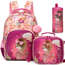 Backpack for Girls,Bookbag with Lunch Box Kids School Bag Set 3pcs Flower Girls Backpack Set School Daypack for Teens Girls