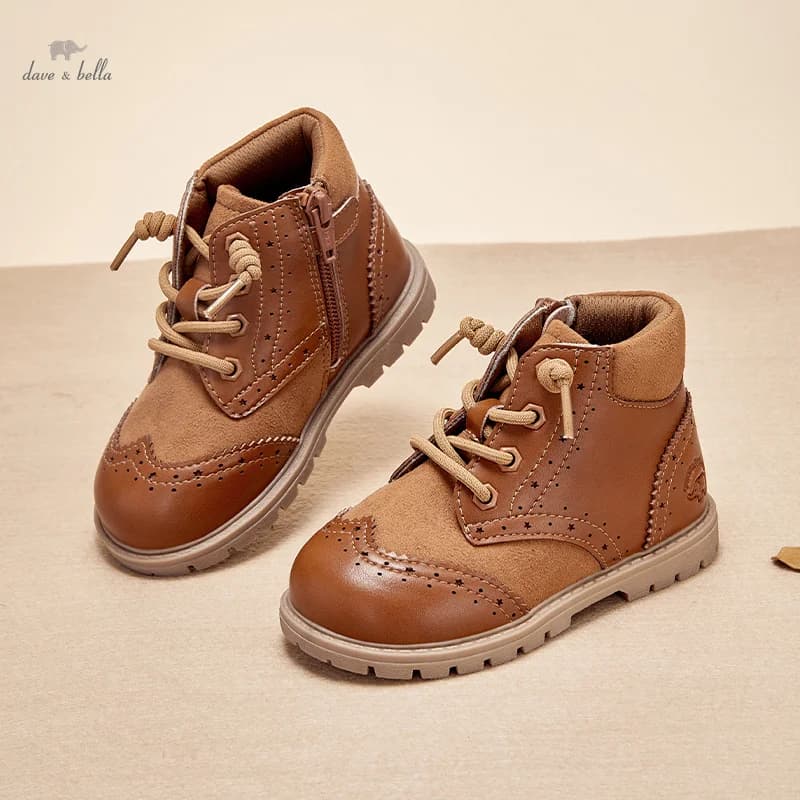 Dave Bella Leather Boots For Kids Brown Vintage Footwear For Boys Girls Anti-slippery Children's Boots DB4238404-S