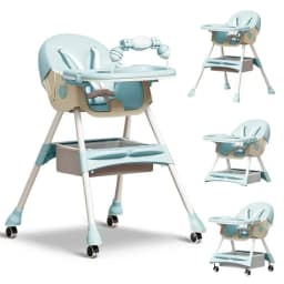 Foldable Baby High Chair 4-in-1 Foldable Reclining Feeding Table Chair Seat 7 Heights With Toyrack Easy To Clean Feeding