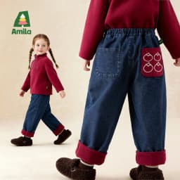 Amila 2026 Kids Winter Children's Denim Plush Casual Pants Red Knitted Legs Cuffed Fruit Pattern Rear Bag Fashionable And Cute