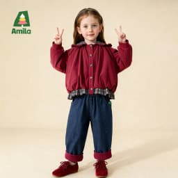Amila 2026 Kids Winter Children's Denim Plush Casual Pants Red Knitted Legs Cuffed Fruit Pattern Rear Bag Fashionable And Cute