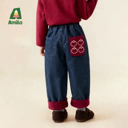 Amila 2026 Kids Winter Children's Denim Plush Casual Pants Red Knitted Legs Cuffed Fruit Pattern Rear Bag Fashionable And Cute