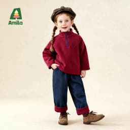Amila 2026 Kids Winter Children's Denim Plush Casual Pants Red Knitted Legs Cuffed Fruit Pattern Rear Bag Fashionable And Cute