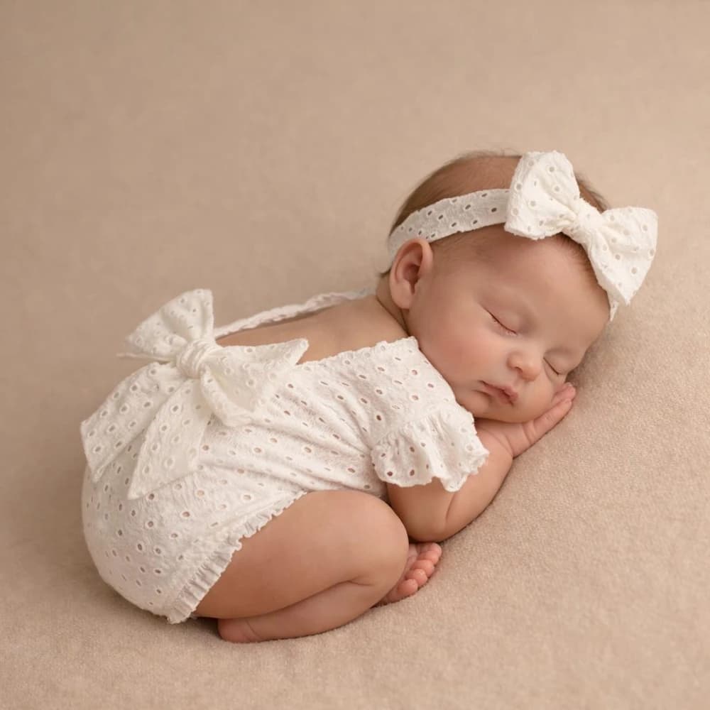 Newborn Baby Girl Eyelet Ruffled Romper with Back Bow and Matching Headband Infant Photography Outfit Newborn Photo Clothes