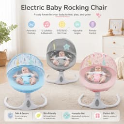 Electric Baby Swing Chair, Bluetooth Remote Control Reclining Baby Rocker, 180° Adjustable Infant Bouncer, 5V USB Powered, 12 Lullabies, 4 Swing Speeds, Timer, 3-Point Harness, Mosquito Net, for 0-18 Months, Gray Blue Pink 3 Colors