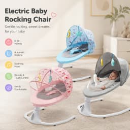 Electric Baby Swing Chair, Bluetooth Remote Control Reclining Baby Rocker, 180° Adjustable Infant Bouncer, 5V USB Powered, 12 Lullabies, 4 Swing Speeds, Timer, 3-Point Harness, Mosquito Net, for 0-18 Months, Gray Blue Pink 3 Colors