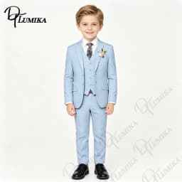 Boys Sky Blue Formal Suit 4PCS Set with Floral Tie Linen Blazer Vest Pants for Graduation Wedding Birthday Photoshoot 3-13 Years