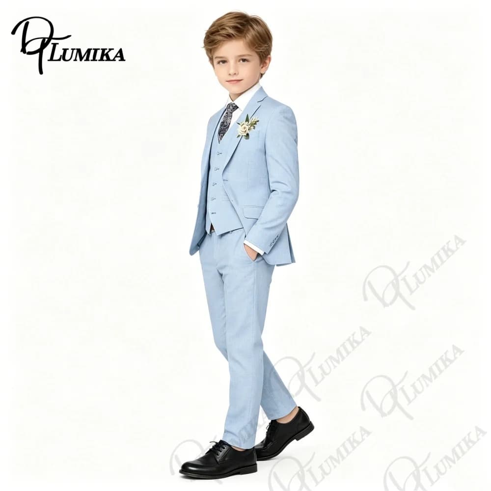 Boys Sky Blue Formal Suit 4PCS Set with Floral Tie Linen Blazer Vest Pants for Graduation Wedding Birthday Photoshoot 3-13 Years