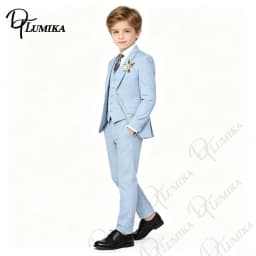 Boys Sky Blue Formal Suit 4PCS Set with Floral Tie Linen Blazer Vest Pants for Graduation Wedding Birthday Photoshoot 3-13 Years