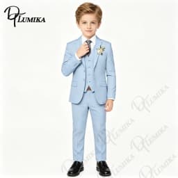 Boys Sky Blue Formal Suit 4PCS Set with Floral Tie Linen Blazer Vest Pants for Graduation Wedding Birthday Photoshoot 3-13 Years