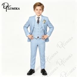 Boys Sky Blue Formal Suit 4PCS Set with Floral Tie Linen Blazer Vest Pants for Graduation Wedding Birthday Photoshoot 3-13 Years
