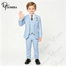 Boys Sky Blue Formal Suit 4PCS Set with Floral Tie Linen Blazer Vest Pants for Graduation Wedding Birthday Photoshoot 3-13 Years