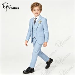 Boys Sky Blue Formal Suit 4PCS Set with Floral Tie Linen Blazer Vest Pants for Graduation Wedding Birthday Photoshoot 3-13 Years