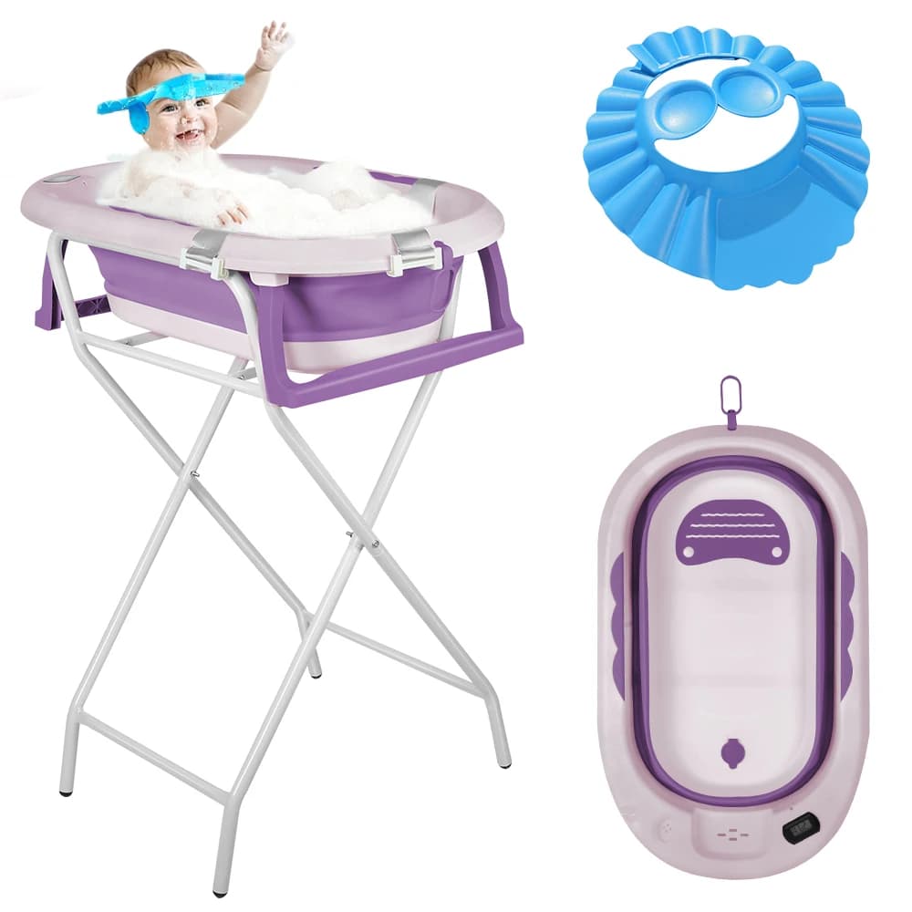Baby Bathtub with Stand, Foldable Bathtub with Non-Slip Stand, Bath Mat and Bathtub Insert for Newborns and Toddlers