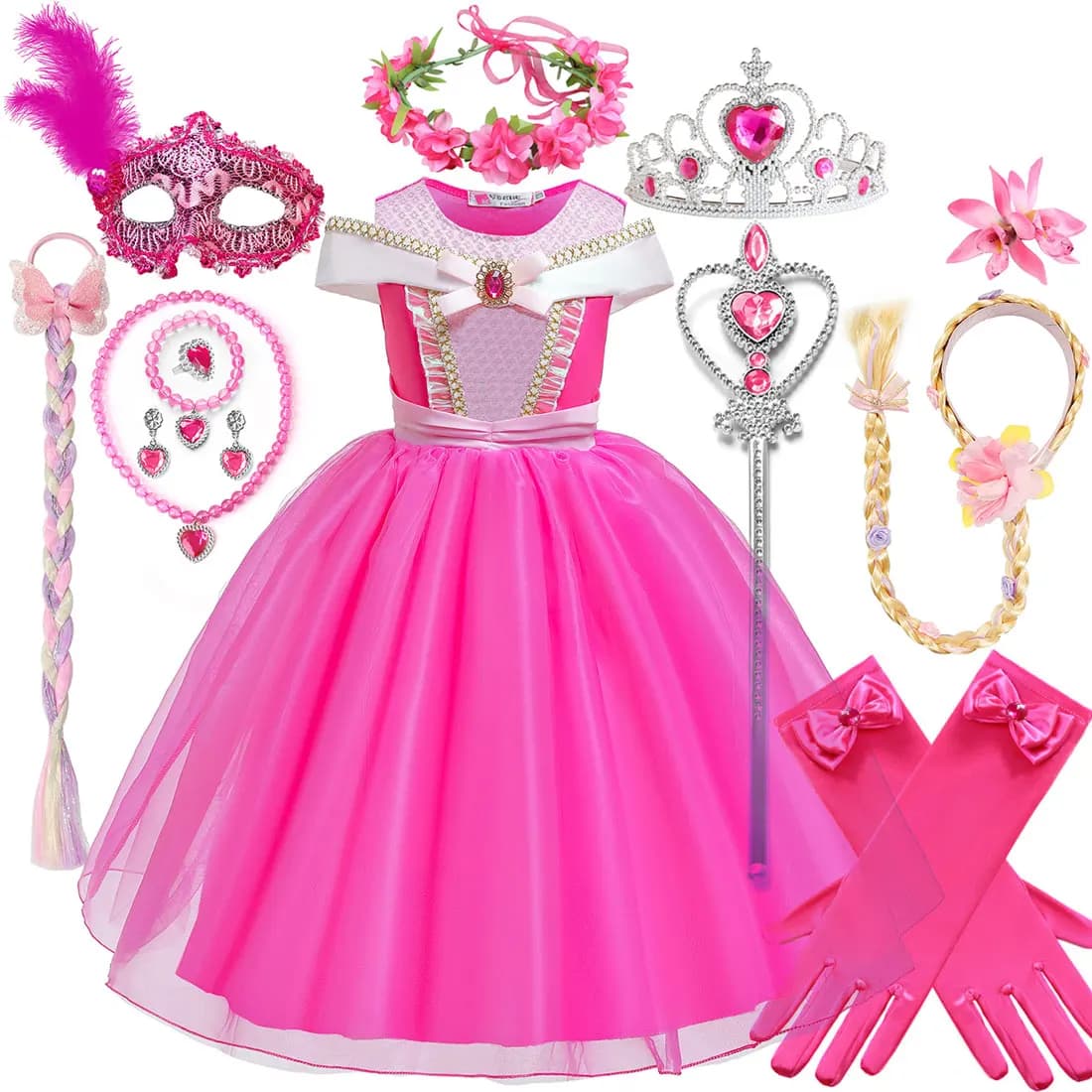 2026 Summer Girls Cosplay Pink Aurora Princess Short Sleeves Dress Birthday Party Elegant Dress + Accessories Fairy Disguise Set