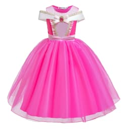 2026 Summer Girls Cosplay Pink Aurora Princess Short Sleeves Dress Birthday Party Elegant Dress + Accessories Fairy Disguise Set