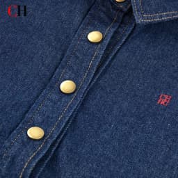 CH Boys Subtle Letter Detail Embroidery Point Collar Snap Fasteners Long Sleeve Denim Shirt Retro Daily Wear