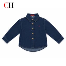 CH Boys Subtle Letter Detail Embroidery Point Collar Snap Fasteners Long Sleeve Denim Shirt Retro Daily Wear