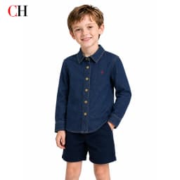 CH Boys Subtle Letter Detail Embroidery Point Collar Snap Fasteners Long Sleeve Denim Shirt Retro Daily Wear