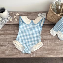 2026 Summer Toddlers Girls Plaid One-piece Swimwear Long Sleeve Sun-proof Beach Bikini Backless Ruffles Kids Swimsuit
