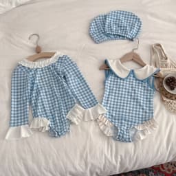 2026 Summer Toddlers Girls Plaid One-piece Swimwear Long Sleeve Sun-proof Beach Bikini Backless Ruffles Kids Swimsuit