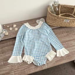 2026 Summer Toddlers Girls Plaid One-piece Swimwear Long Sleeve Sun-proof Beach Bikini Backless Ruffles Kids Swimsuit