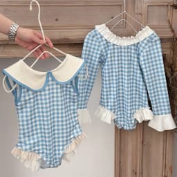 2026 Summer Toddlers Girls Plaid One-piece Swimwear Long Sleeve Sun-proof Beach Bikini Backless Ruffles Kids Swimsuit