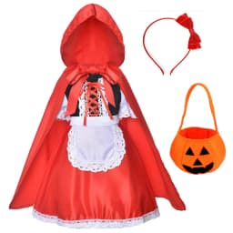 Halloween Carnival Birthday Party 5 Pieces Set Little Red Riding Hood Cosplay Costume Princess Dress + Accessories Set 1-12Yrs