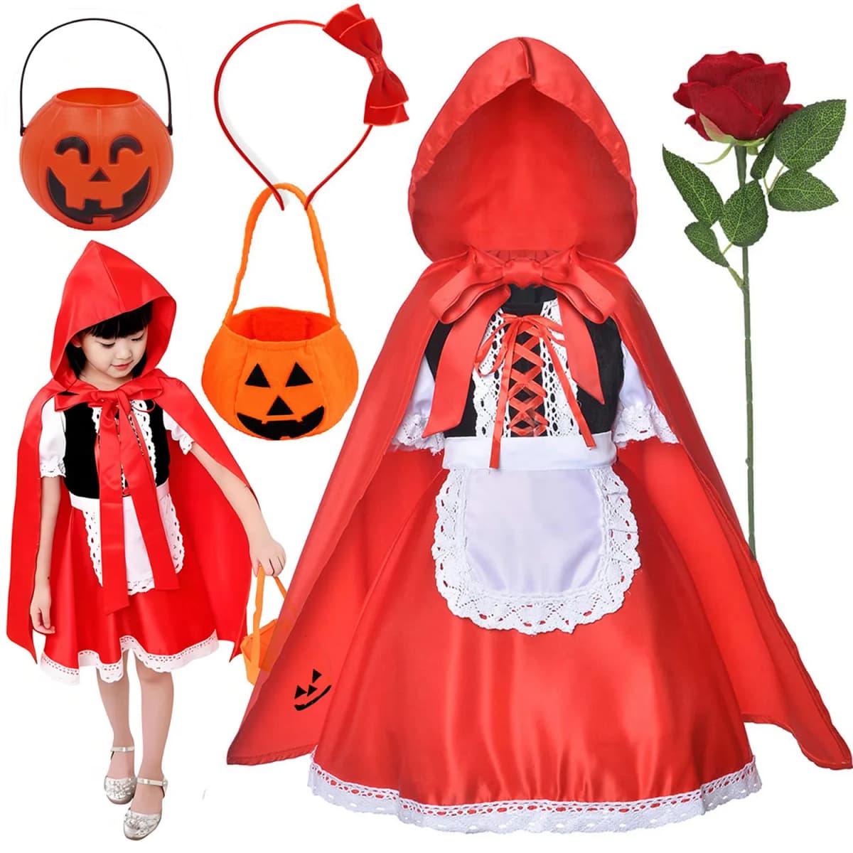 Halloween Carnival Birthday Party 5 Pieces Set Little Red Riding Hood Cosplay Costume Princess Dress + Accessories Set 1-12Yrs