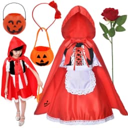 Halloween Carnival Birthday Party 5 Pieces Set Little Red Riding Hood Cosplay Costume Princess Dress + Accessories Set 1-12Yrs