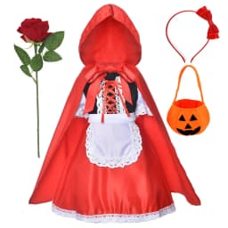 Halloween Carnival Birthday Party 5 Pieces Set Little Red Riding Hood Cosplay Costume Princess Dress + Accessories Set 1-12Yrs