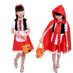 Halloween Carnival Birthday Party 5 Pieces Set Little Red Riding Hood Cosplay Costume Princess Dress + Accessories Set 1-12Yrs