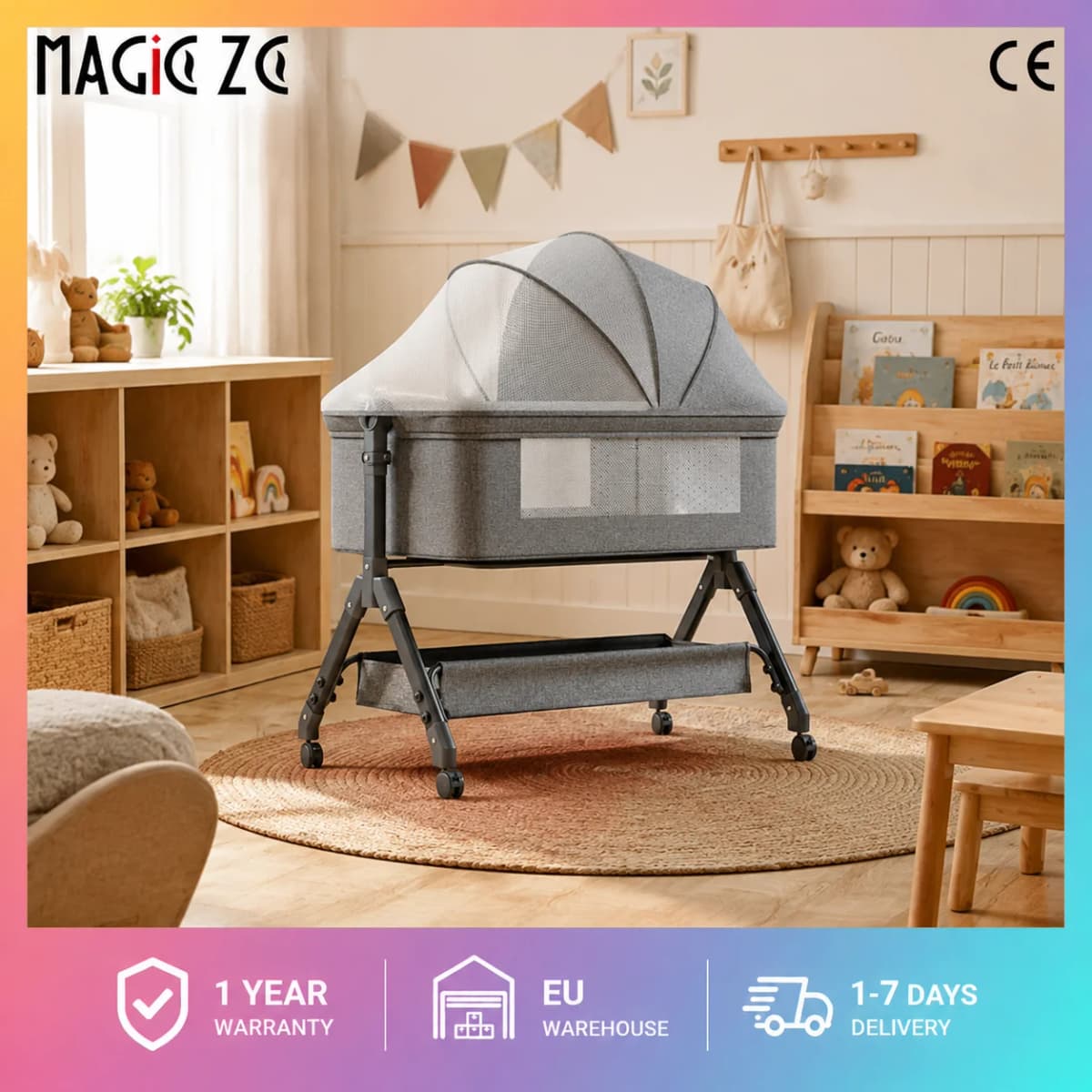 3 Height Adjustable Baby Bassinet Portable Bedside Co Sleeper Mobile Infant Cradle Rocking Bed with 5 Degree Anti Milk Spitting Tilt Lockable Silent Swivel Wheels Bottom Storage Basket Sunshade Mosquito Net Breathable Mesh Cot for Newborns