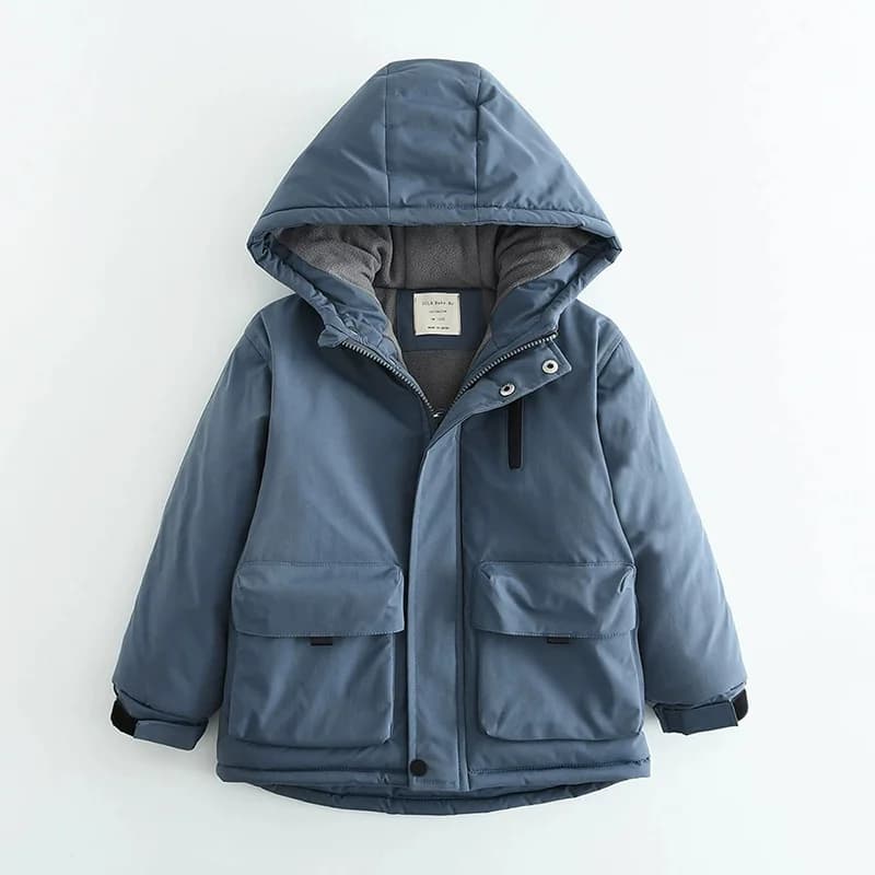 Boys Winter Hooded Cotton Jacket Polar Fleece Thicken Warm Coat 4-12 Years Kids Windproof Rainproof Outdoor Sports Outerwear