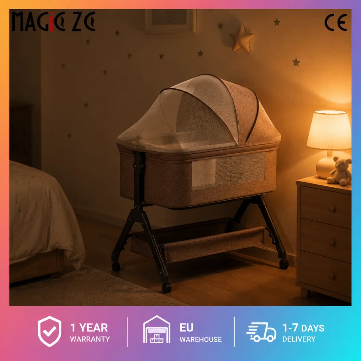 Multifunctional Baby Bassinet Co Sleeper Bedside Crib Portable Infant Cradle Rocking Bed with 5 Degree Anti Reflux Incline 3 Level Height Adjustable Lockable Swivel Wheels Storage Basket Breathable Mesh Shade Mosquito Net Cot for Newborns